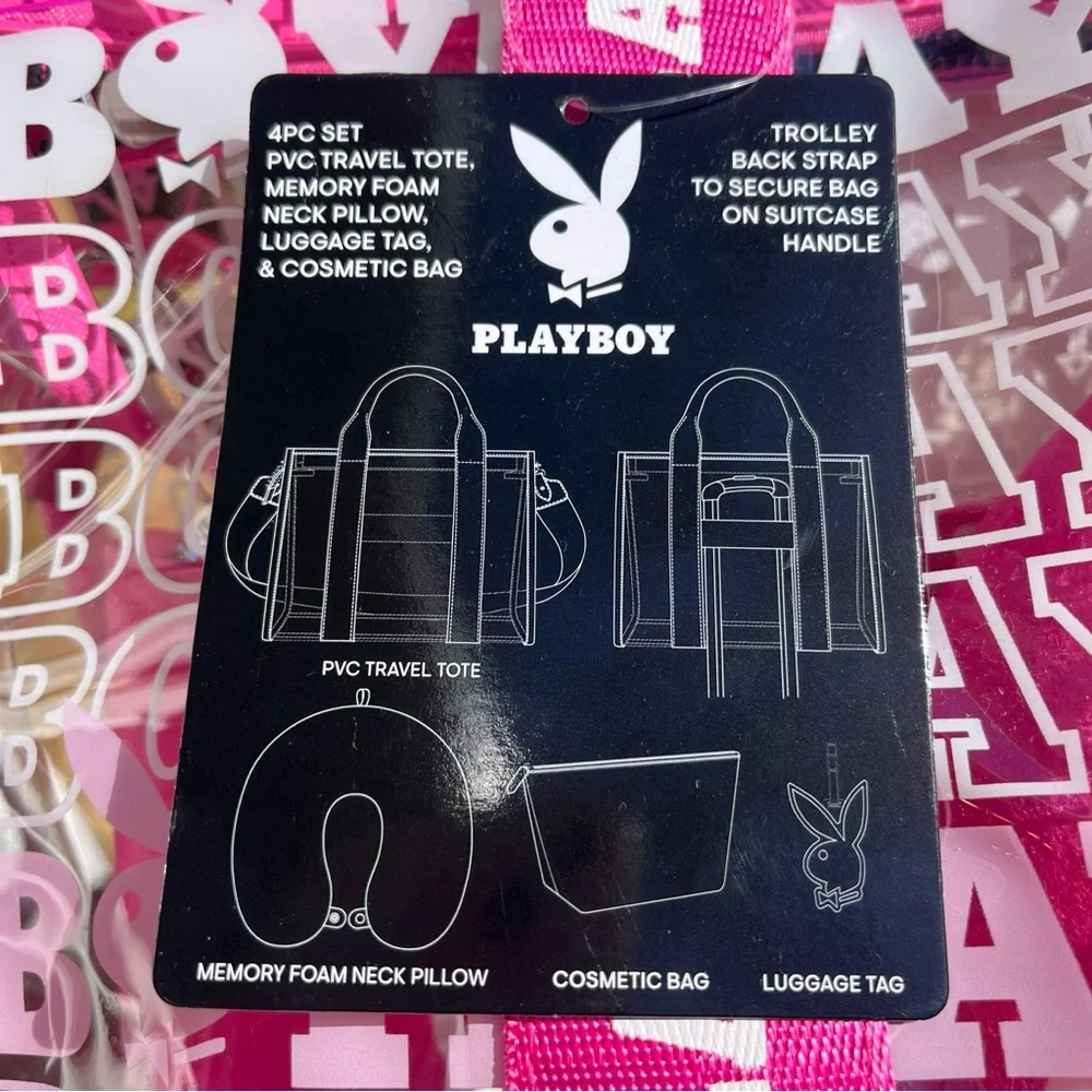 Playboy Travel Tote PINK Signature Logo Clear Thick PVC Vinyl 4 Piece Set NWT - Picture 5 of 14